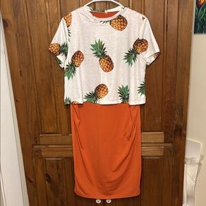 Women’s White Pineapple Print Short Sleeve Top Over Orange Dress Set Size Large